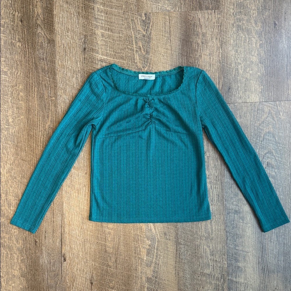 Stitch & Pine Girls Dark Green Long-Sleeve Ribbed Scoop Neck Top Size Small 7/8